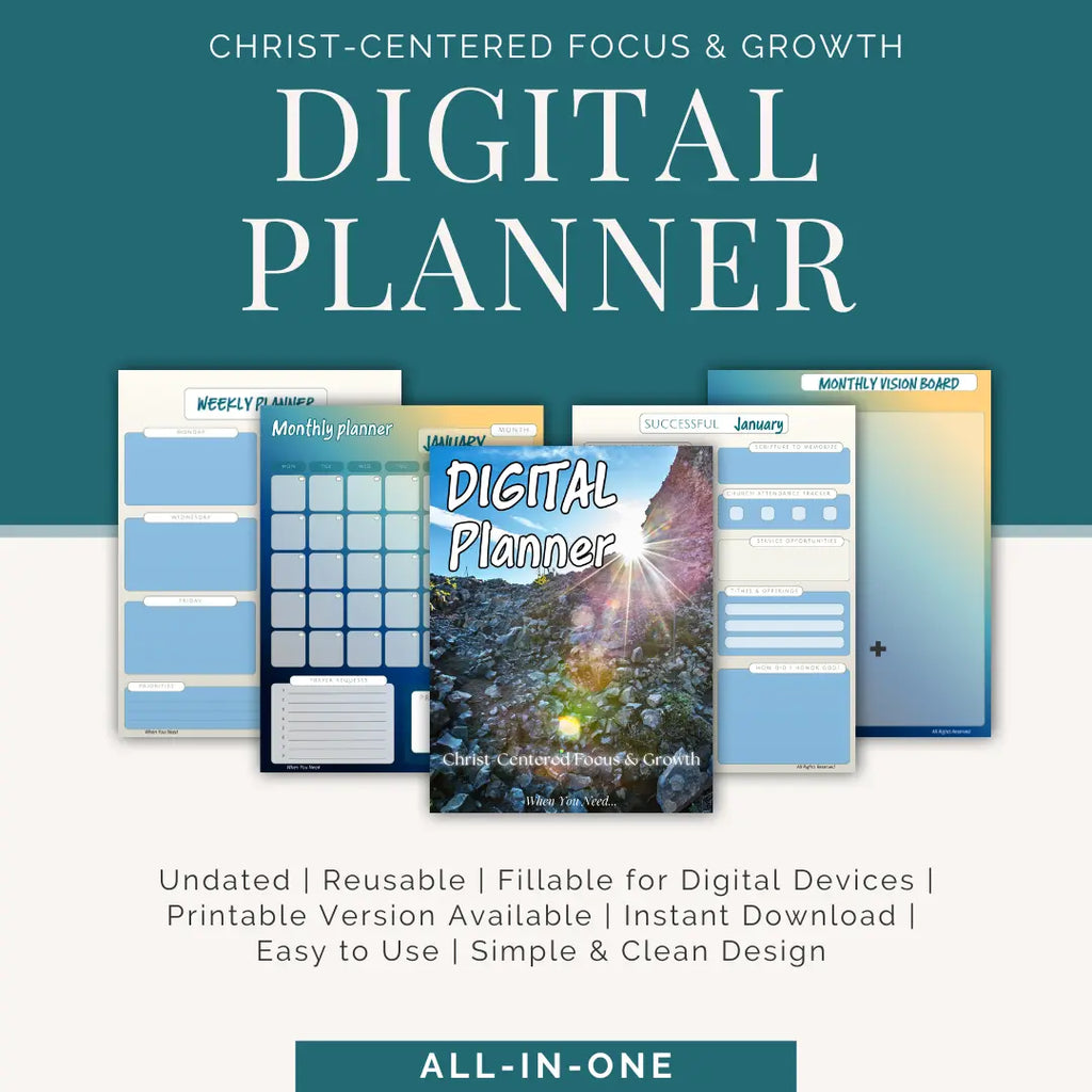 Digital planner with various pages on a blue and white background