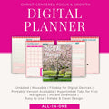 Digital planner with various pages on a pink background, featuring text about its features.
