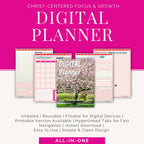 Digital planner with various pages on a pink background, featuring text about its features.