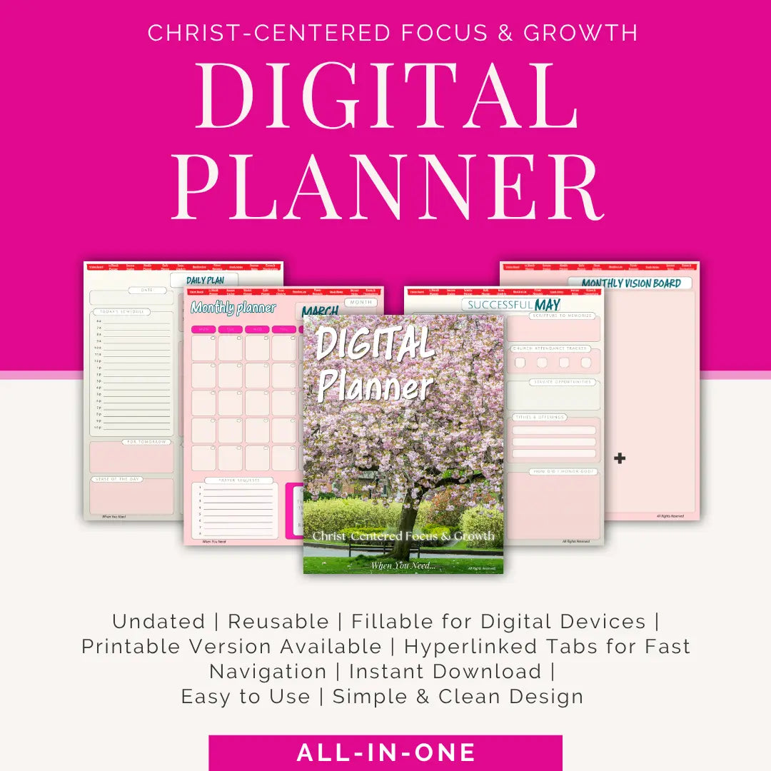 Digital planner with various pages on a pink background, featuring text about its features.