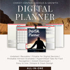 Digital planner with desert landscape background and text about features.