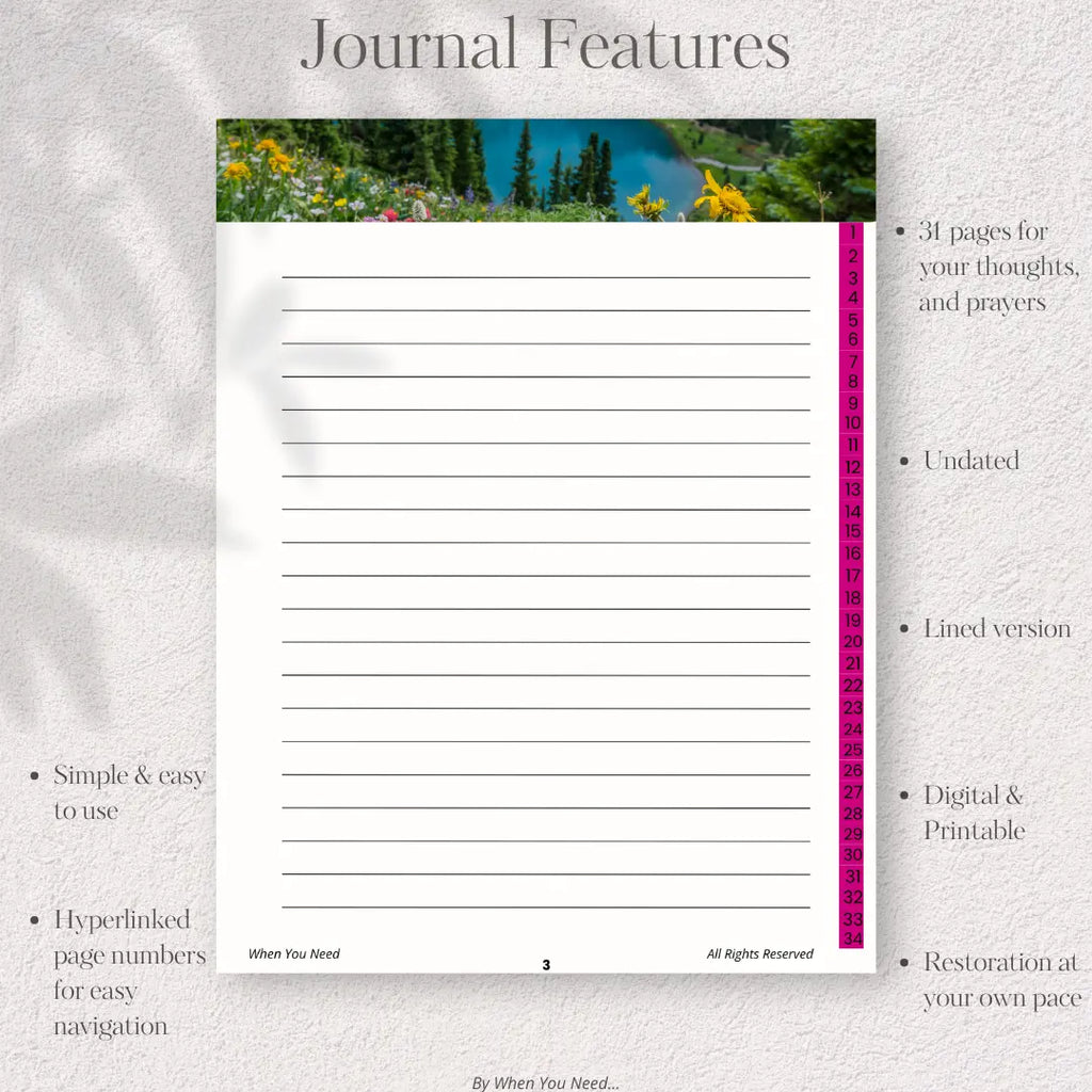 Journal page with nature-themed cover and text about journal features on a textured gray background.