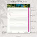 Journal page with nature-themed cover and text about journal features on a textured gray background.