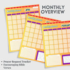 Three monthly planners with prayer request tracker and Bible verse sections on a light gray background.