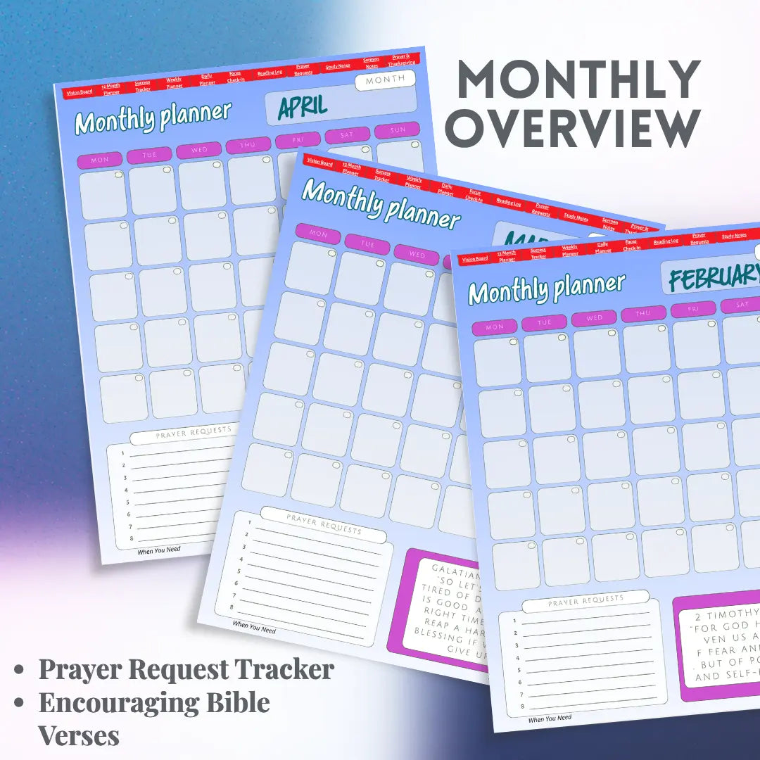 Three monthly planner sheets with prayer request tracker and Bible verse sections on a gradient background.