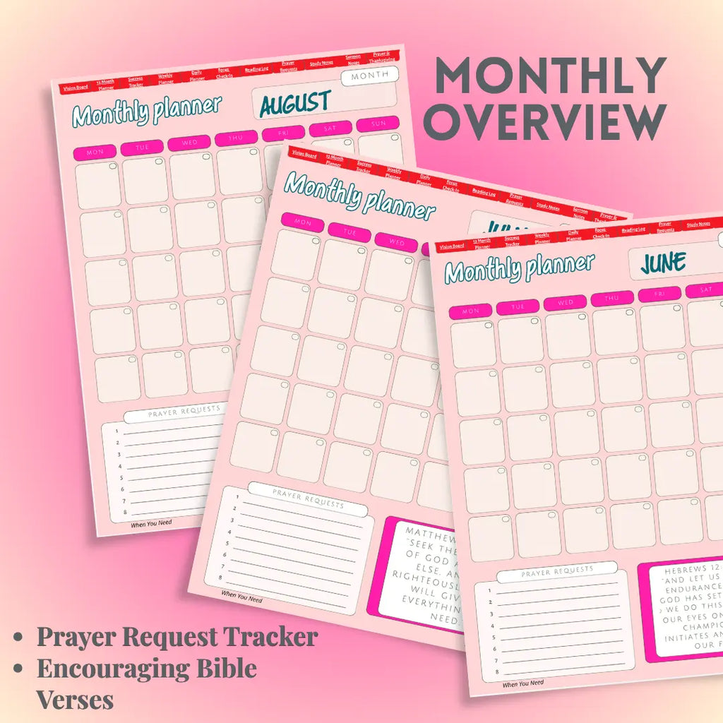 Three monthly planner sheets with prayer request tracker and Bible verse text on a pink background.