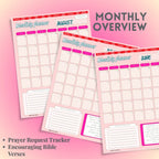 Three monthly planner sheets with prayer request tracker and Bible verse text on a pink background.