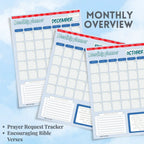 Three monthly planner sheets for different months on a light blue background.
