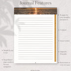 Journal page with ocean view at sunset and text about journal features.