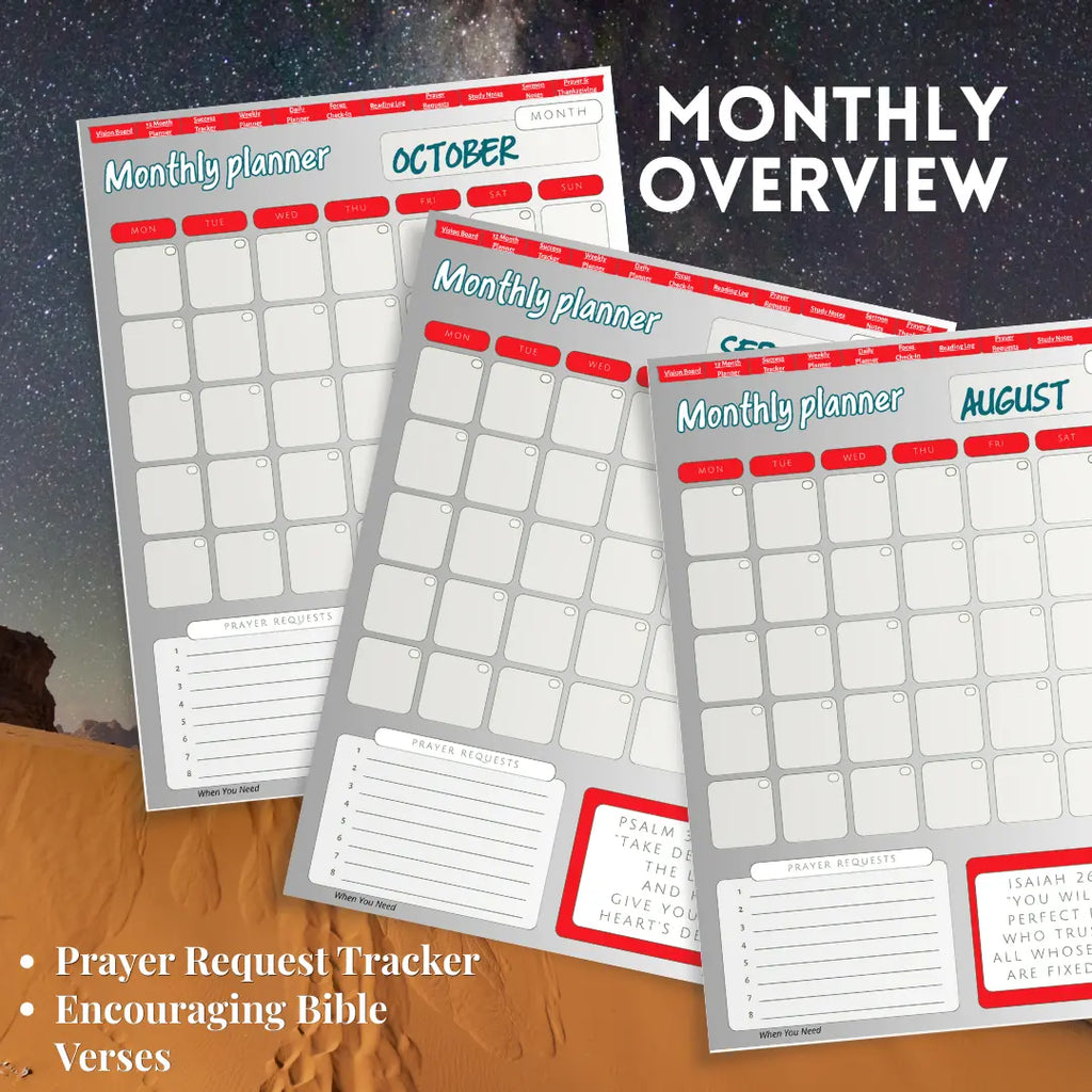 Three monthly planner sheets with prayer request tracker and Bible verses on a desert background