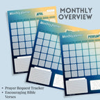 Three monthly planners with prayer request tracker and Bible verse sections on a light blue background.