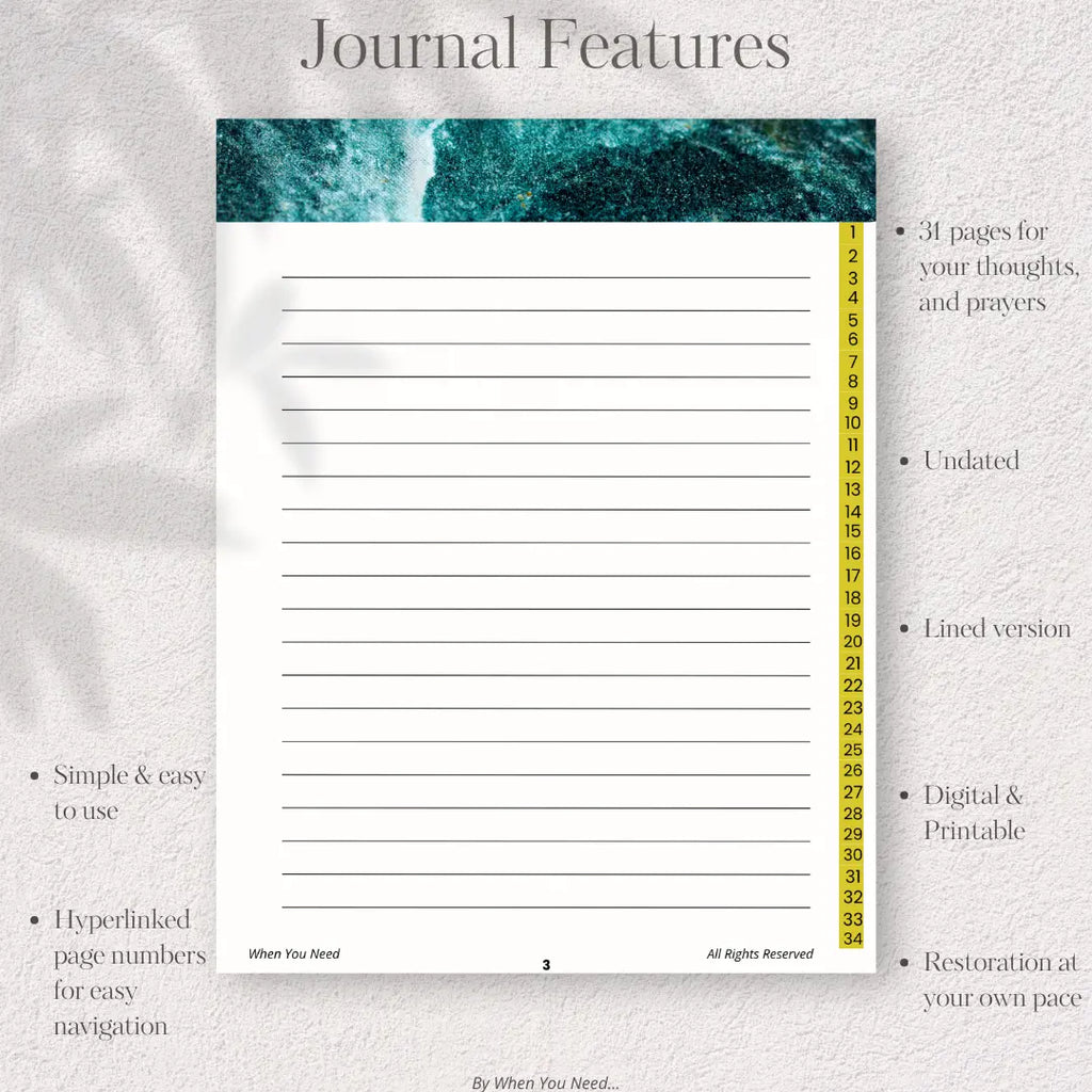 Journal page with lined paper and text about journal features on a textured background