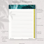Journal page with lined paper and text about journal features on a textured background