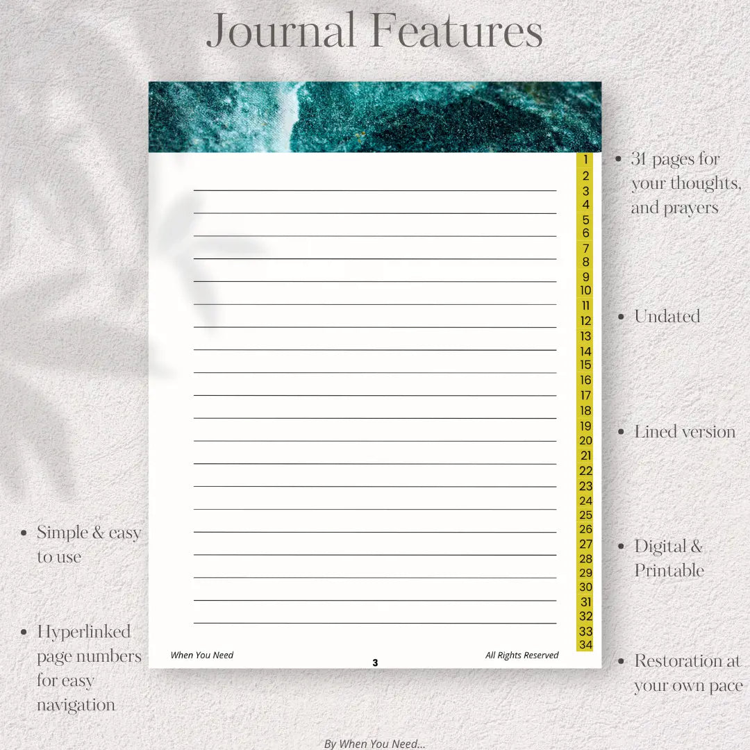 Journal page with lined paper and text about journal features on a textured background