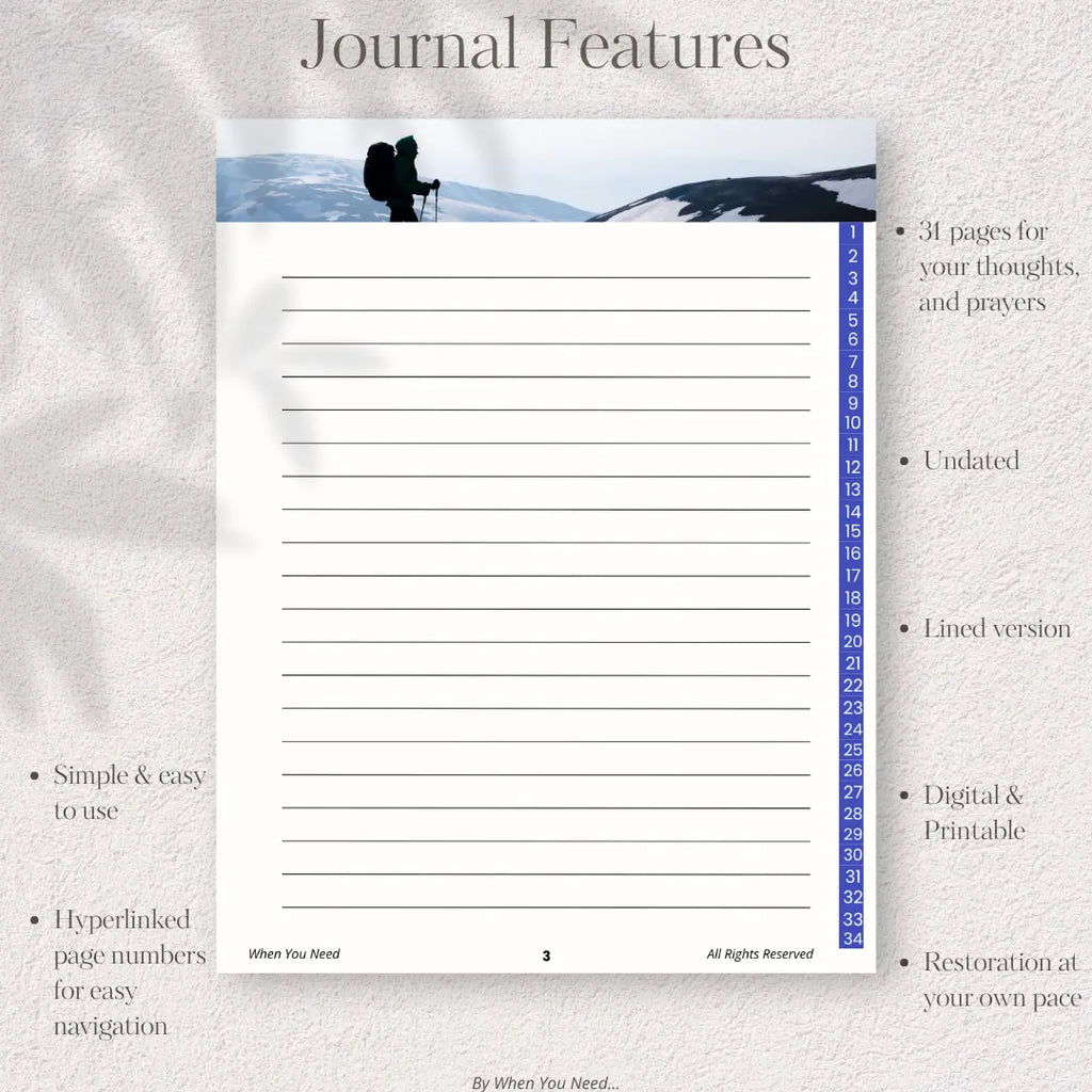 Journal page with mountain landscape and hiking silhouette, featuring text about journal features.