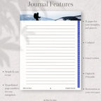 Journal page with mountain landscape and hiking silhouette, featuring text about journal features.