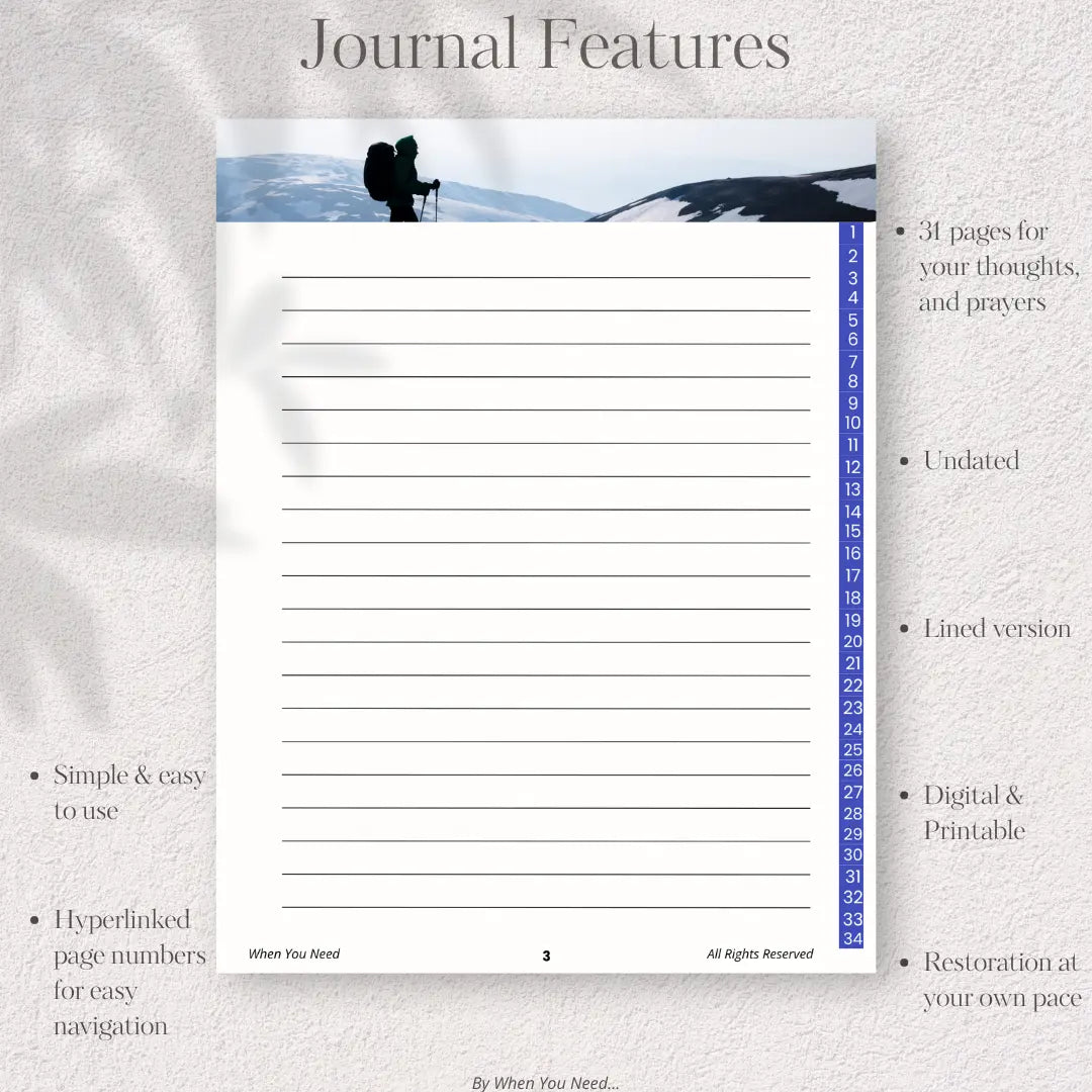 Journal page with mountain landscape and hiking silhouette, featuring text about journal features.