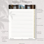 Journal page with lined format and features listed on a light gray background