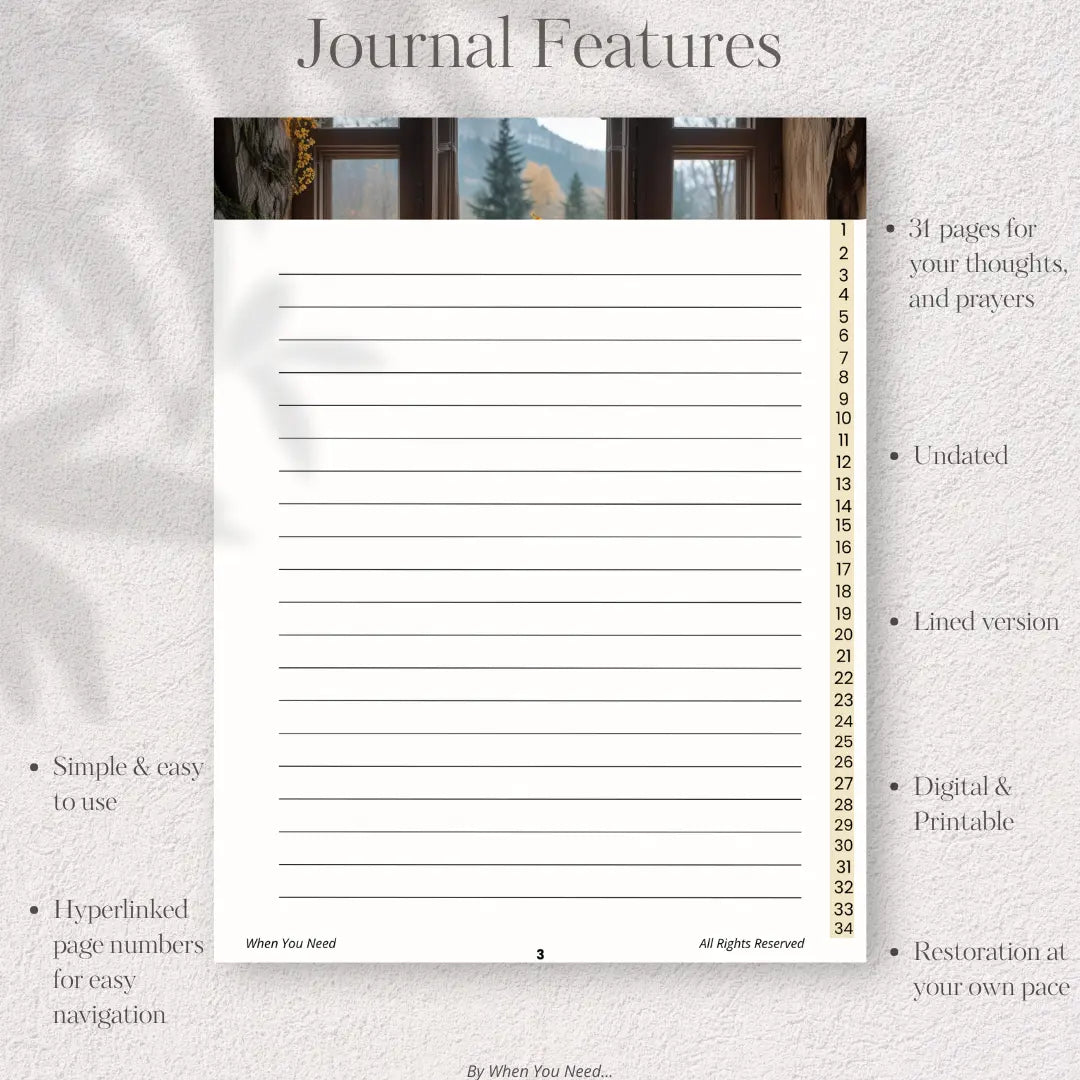 Journal page with lined format and features listed on a light gray background