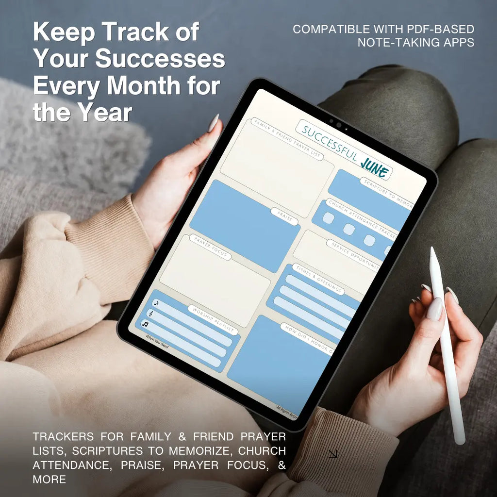 Person using a tablet with a digital planner app on a gray couch.
