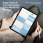 Person using a tablet with a digital planner app on a gray couch.