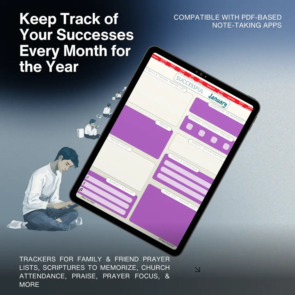 Person using a tablet with a digital planner app on a dark background