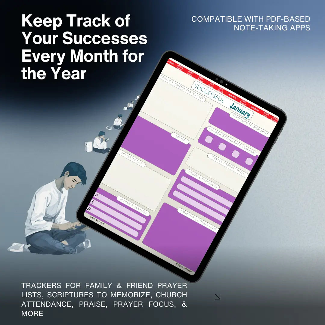 Person using a tablet with a digital planner app on a dark background