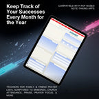 Digital tablet displaying a planner app with text about tracking successes monthly.
