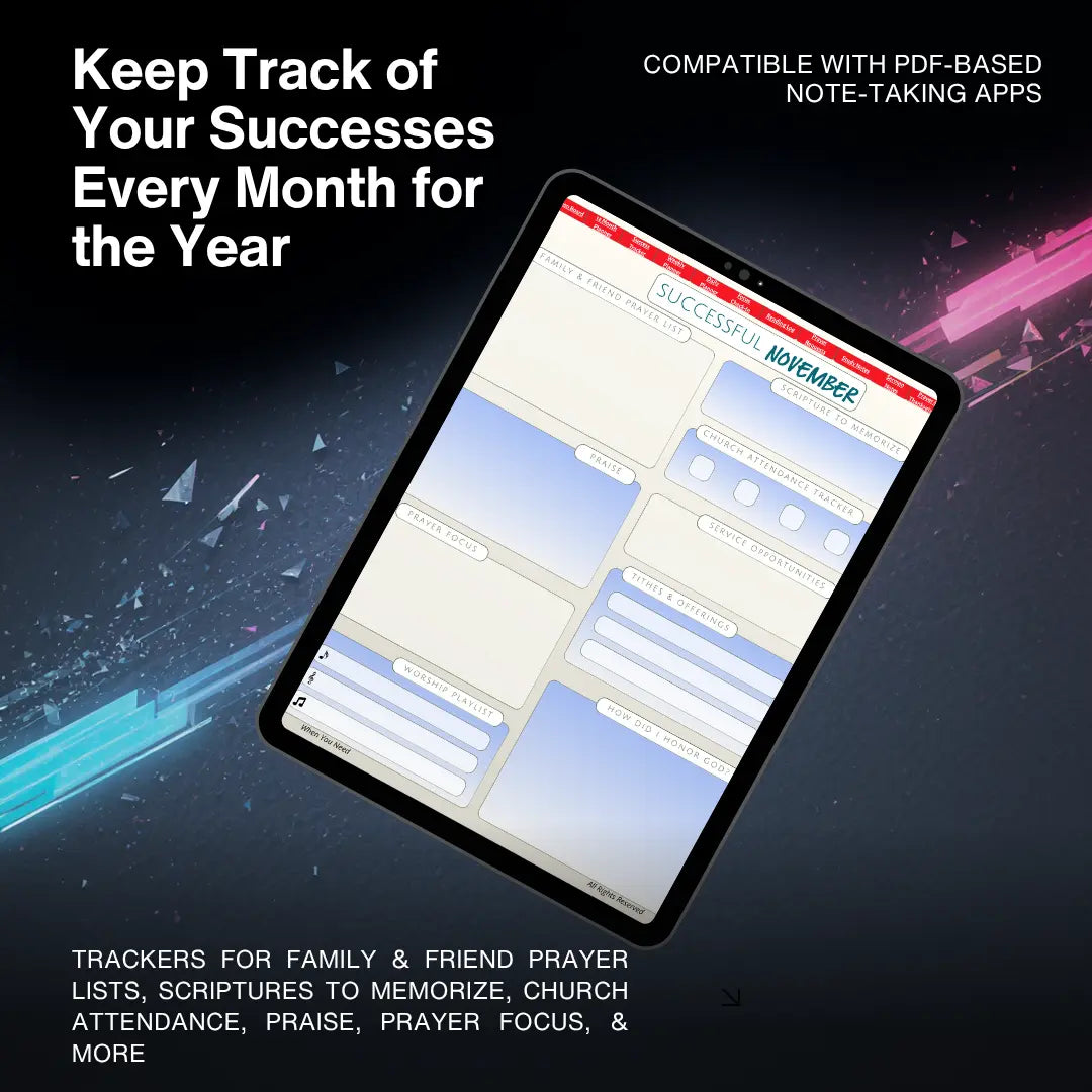 Digital tablet displaying a planner app with text about tracking successes monthly.