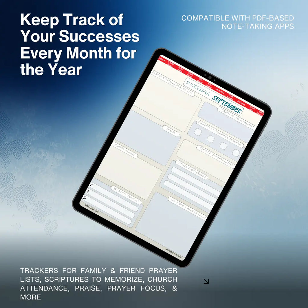 Digital planner app on a tablet with text about tracking successes monthly for the year.