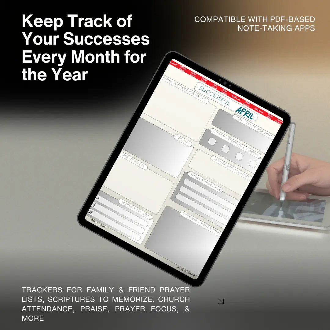 Digital planner app on a tablet with a hand holding a pen, on a dark background.