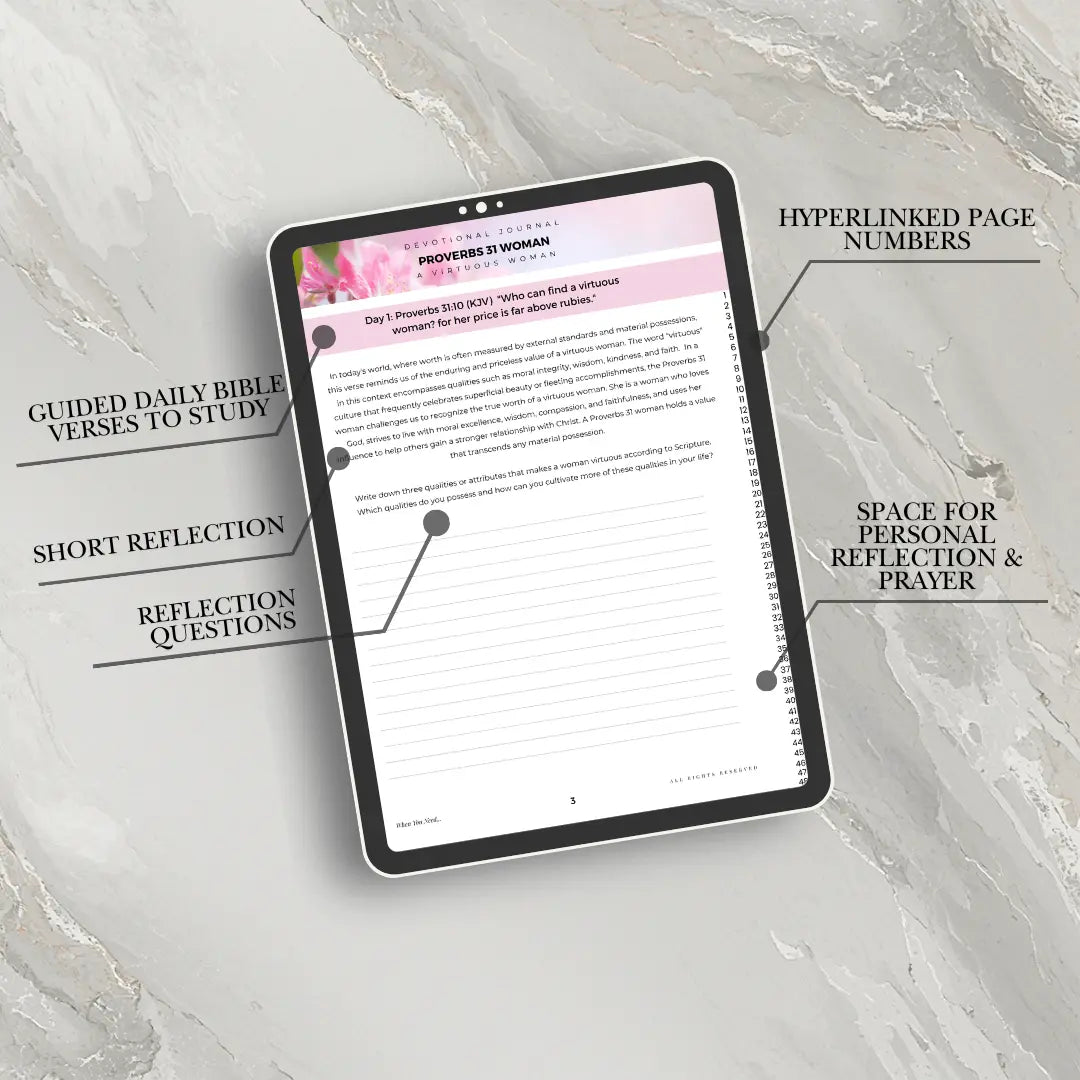Digital Bible study app interface on a tablet with text overlay on a marble background
