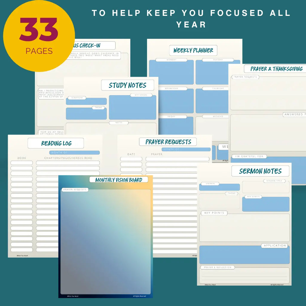 Collection of planner sheets with various sections on a teal background
