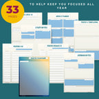 Collection of planner sheets with various sections on a teal background