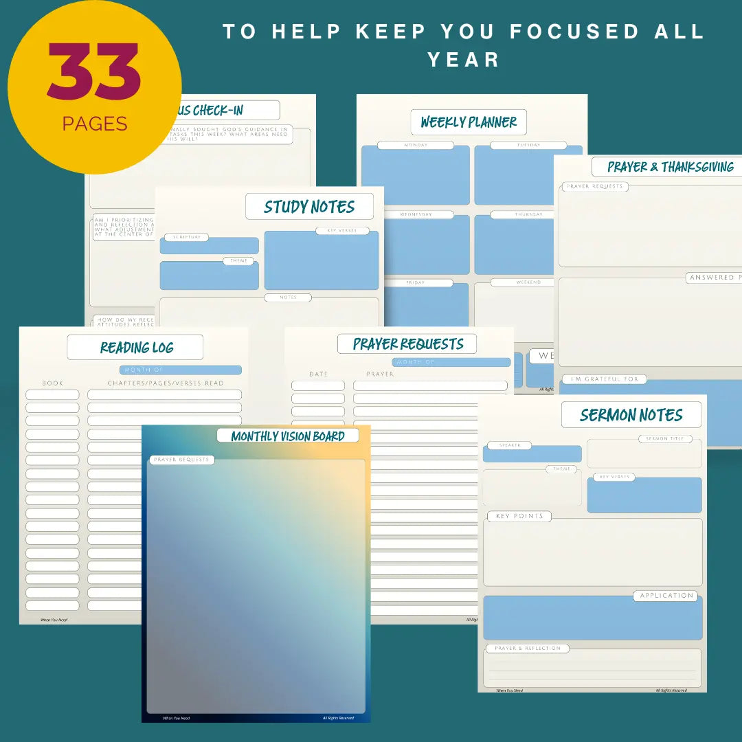 Collection of planner sheets with various sections on a teal background