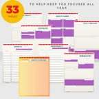 Collection of planner sheets with various sections on a white background