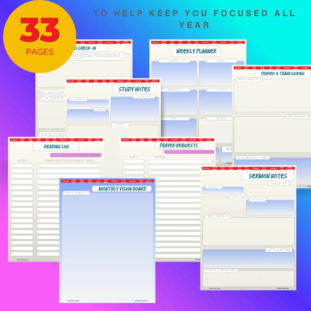 Collection of planner sheets with various sections on a colorful background