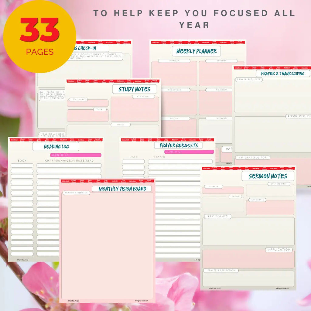 Planner pages with various sections on a pink floral background