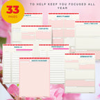 Planner pages with various sections on a pink floral background