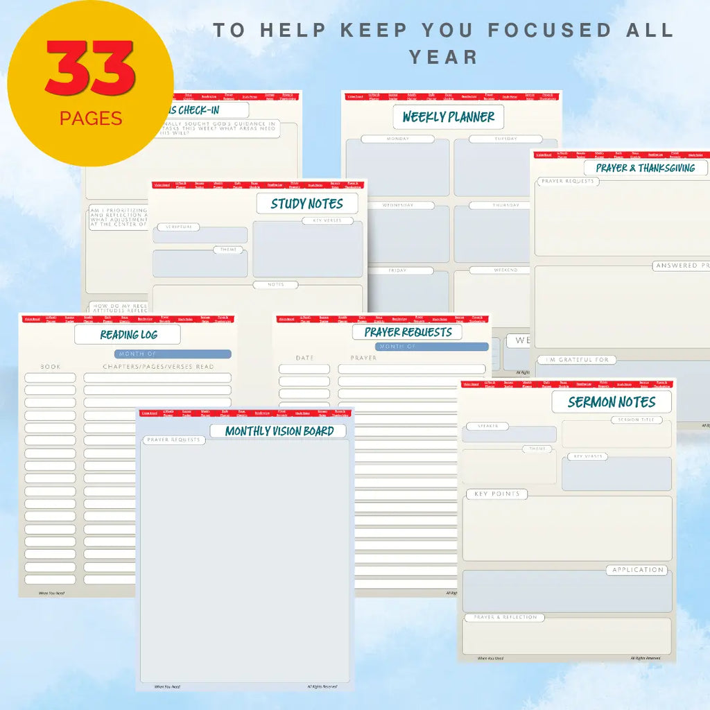 Collection of planner sheets with various sections on a light blue background