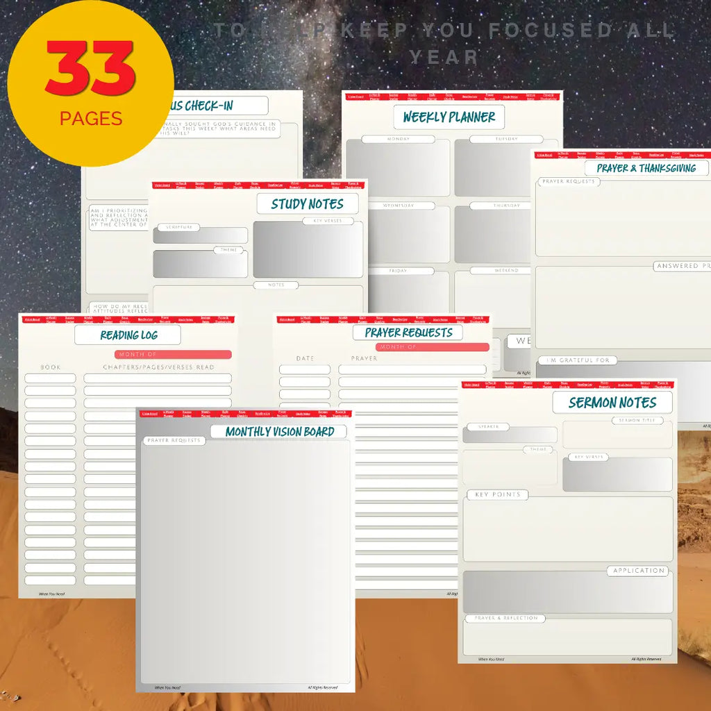 Collection of planner sheets with various sections on a wooden surface and starry night background.