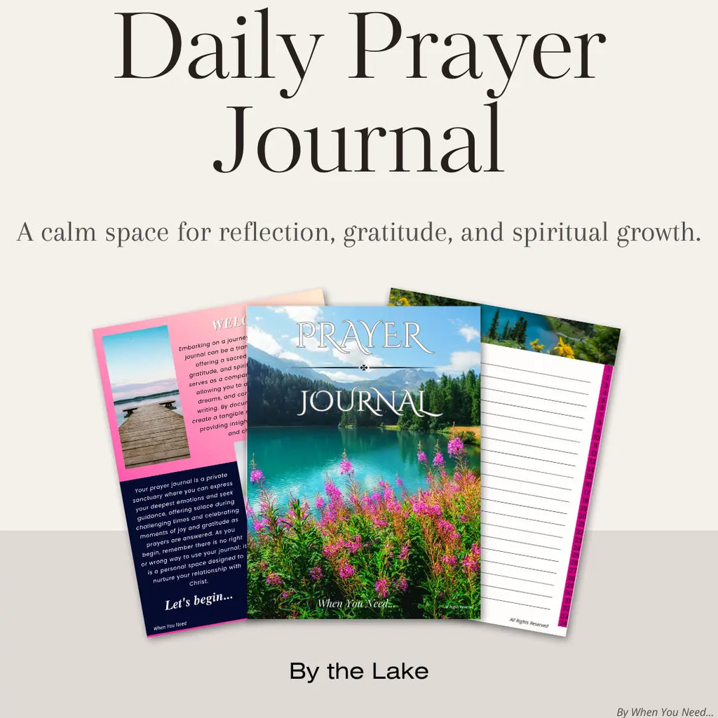 Prayer journal with nature-themed lake cover and pages on a white background