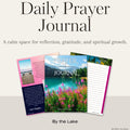 Prayer journal with nature-themed lake cover and pages on a white background