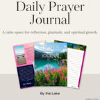 Prayer journal with nature-themed lake cover and pages on a white background