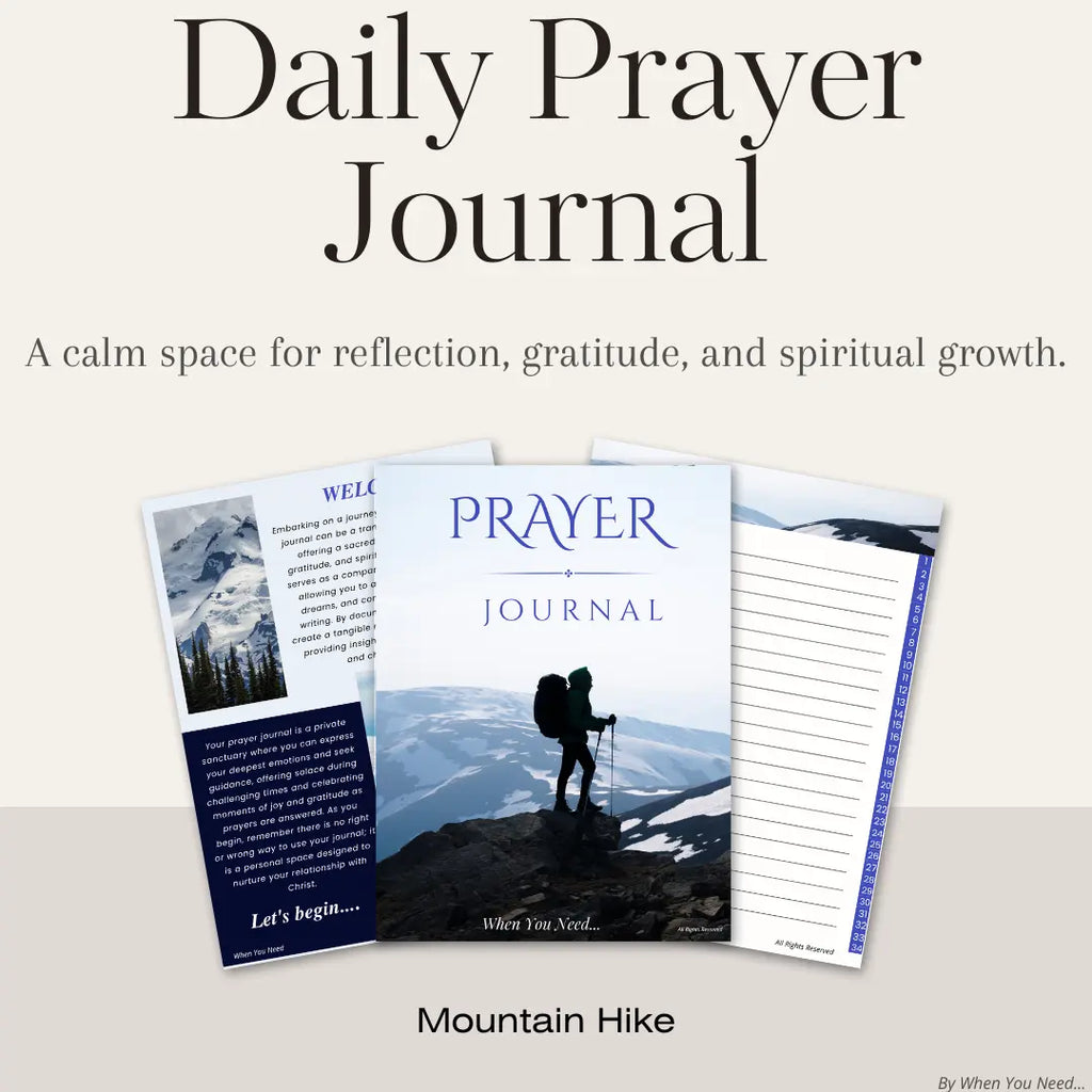 Prayer journal with mountain-themed design on a light gray background
