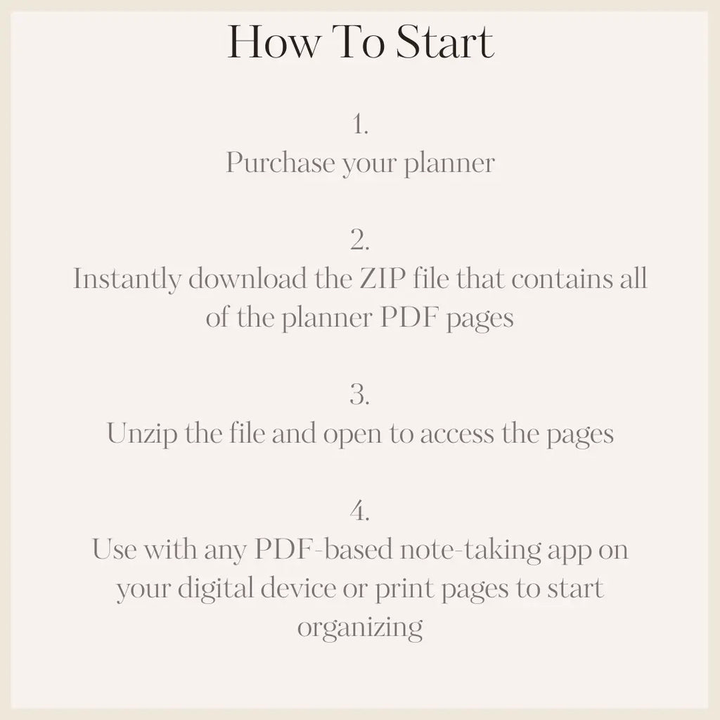 Instructions on how to start using a digital planner with a beige border.