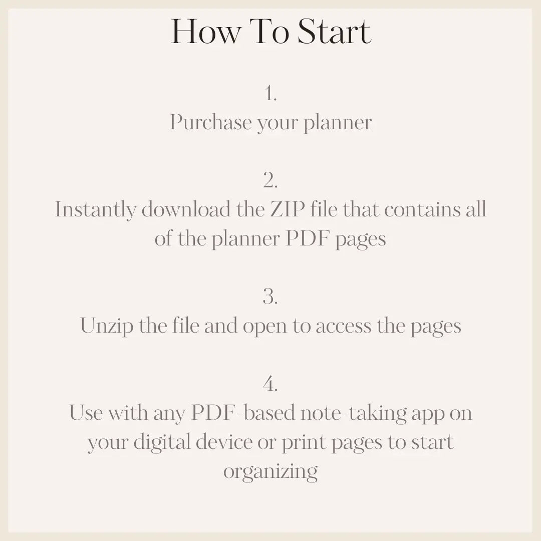 Instructions on how to start using a digital planner with a beige border.